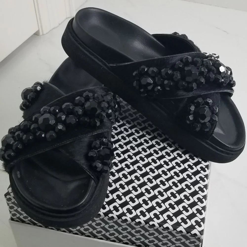 Black Beaded Simone Rocha Genuine Calf Hair FlipFlop Platform Sandal Size 6/36 - Picture 1 of 9